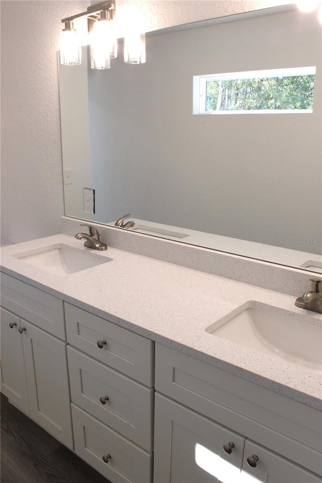 bathroom with vanity and hardwood / wood-style flooring