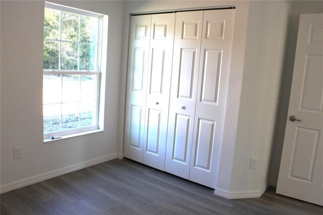 unfurnished bedroom with multiple windows, dark hardwood / wood-style floors, and a closet