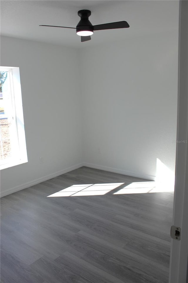 empty room with ceiling fan and dark hardwood / wood-style flooring