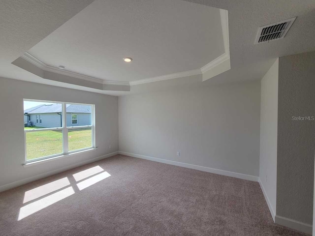 empty room featuring carpet floors, a tray ceiling, and ornamental molding