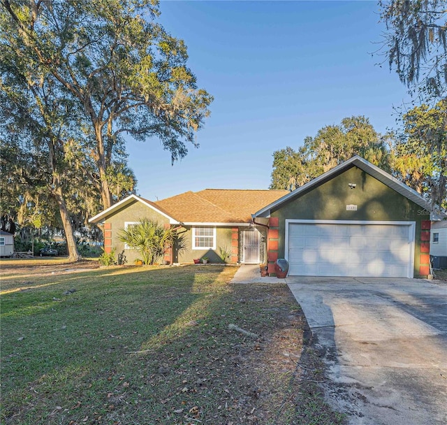 ranch-style house with a front lawn and a garage