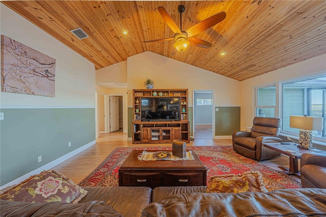 living room with ceiling fan, high vaulted ceiling, wood ceiling, and light hardwood / wood-style floors