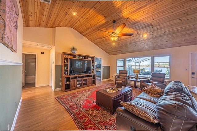 living room featuring light wood-type flooring, high vaulted ceiling, ceiling fan, and wood ceiling