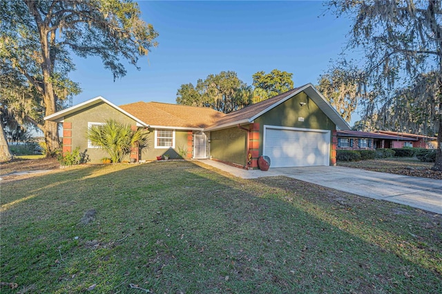 ranch-style home with a front yard and a garage