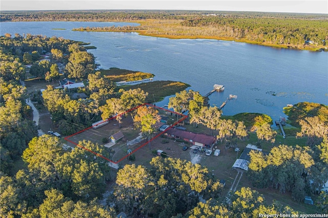 birds eye view of property with a water view