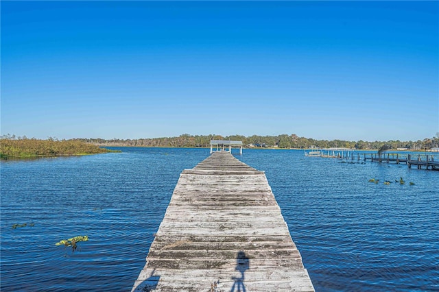 view of dock with a water view