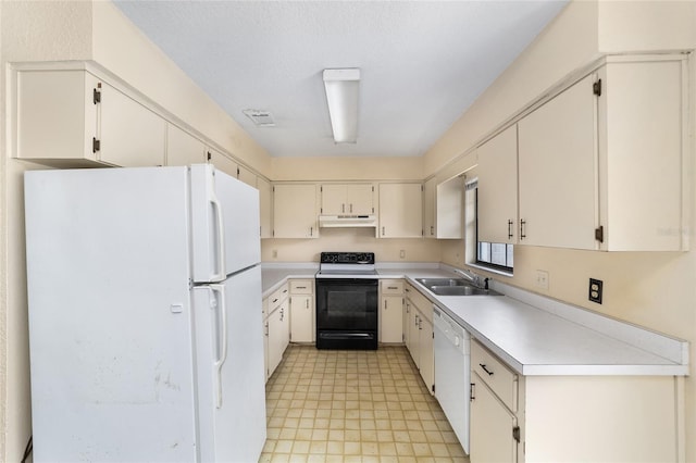 kitchen with white cabinets, white appliances, and sink