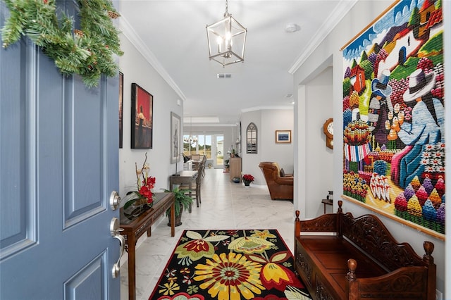 hall featuring an inviting chandelier and ornamental molding