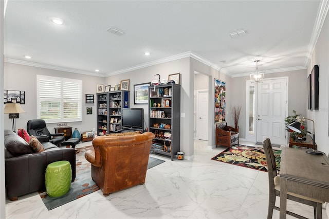 living room featuring crown molding and a notable chandelier