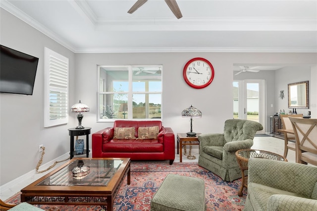 living room with crown molding