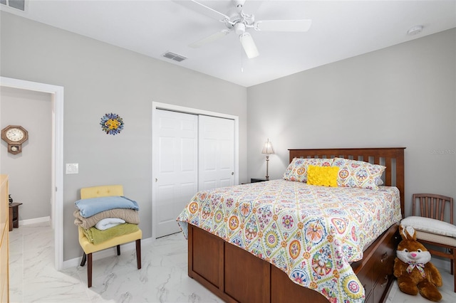 bedroom featuring a closet and ceiling fan