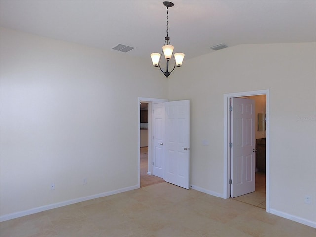 unfurnished room with vaulted ceiling and a chandelier