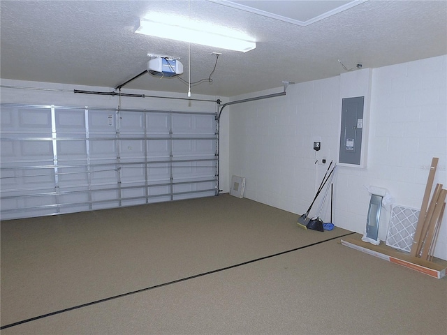 garage featuring electric panel and a garage door opener