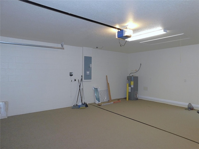 garage with a garage door opener, electric panel, and water heater