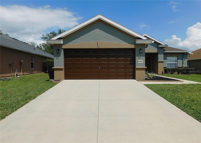 single story home featuring concrete driveway, a front yard, stucco siding, and an attached garage