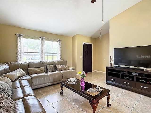 tiled living room with vaulted ceiling