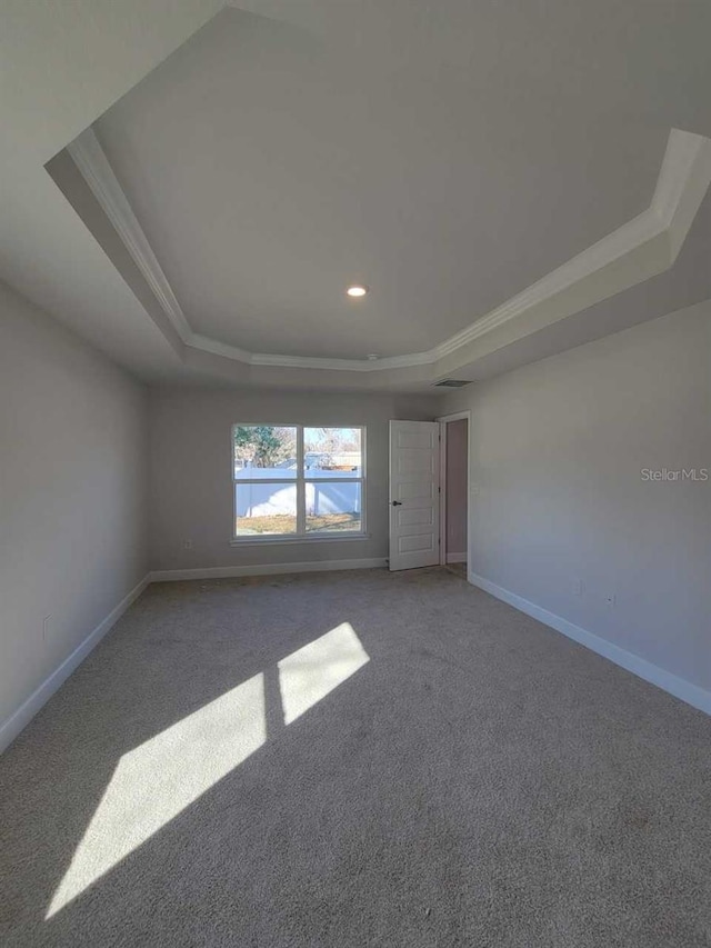 spare room with a tray ceiling, ornamental molding, and carpet flooring