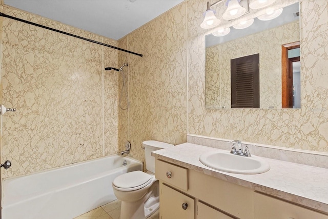 full bathroom with toilet, tub / shower combination, vanity, and wallpapered walls