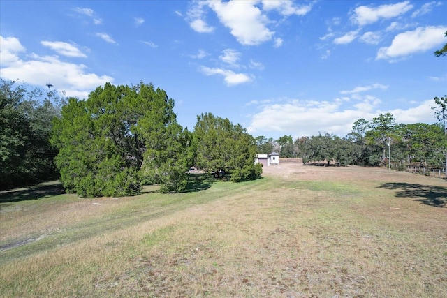 view of yard with a rural view and a shed