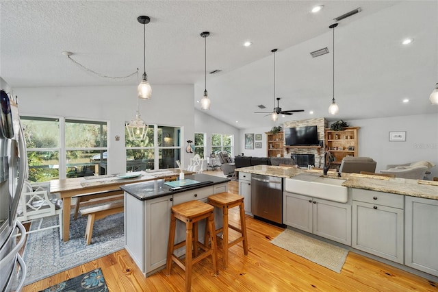 kitchen with a wealth of natural light, sink, stainless steel appliances, and light wood-type flooring