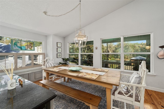 dining room featuring hardwood / wood-style floors, a textured ceiling, and vaulted ceiling