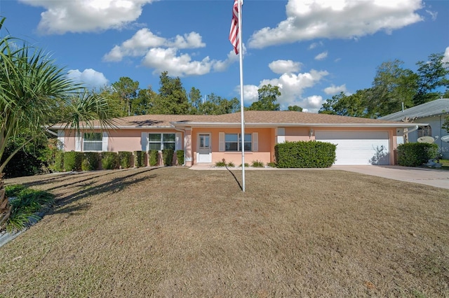 ranch-style house with a front yard and a garage