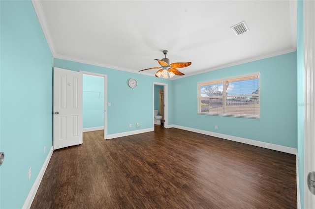 interior space featuring dark hardwood / wood-style flooring, ceiling fan, and crown molding