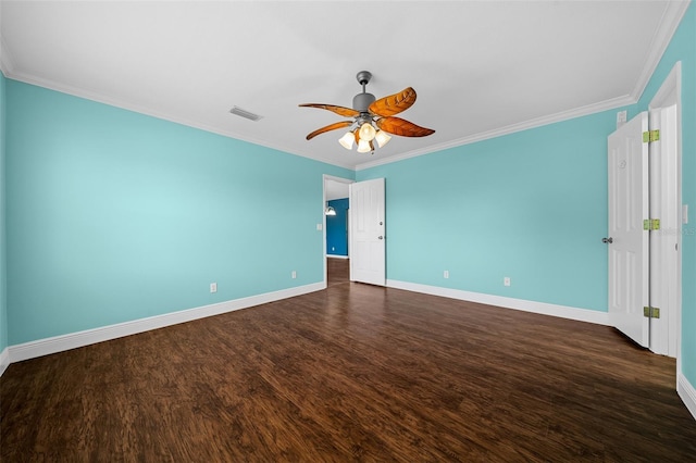 unfurnished bedroom with crown molding, ceiling fan, and dark wood-type flooring