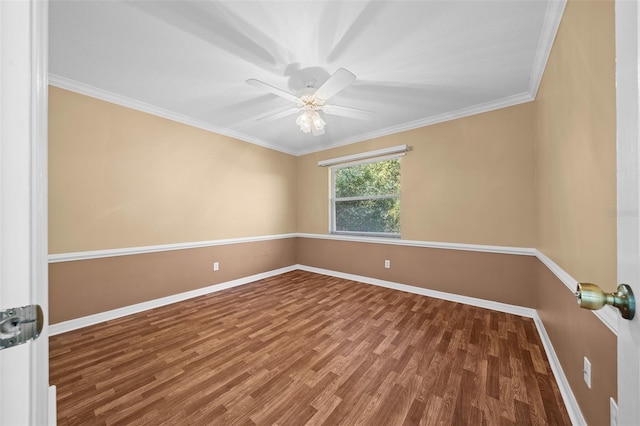 unfurnished room with dark hardwood / wood-style floors, ceiling fan, and ornamental molding