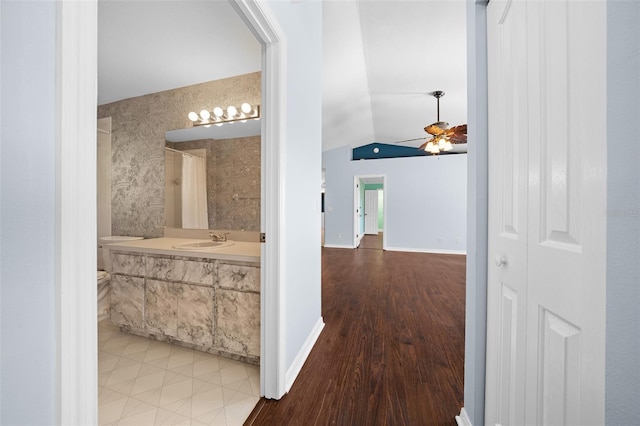 hall featuring wood-type flooring, vaulted ceiling, and sink