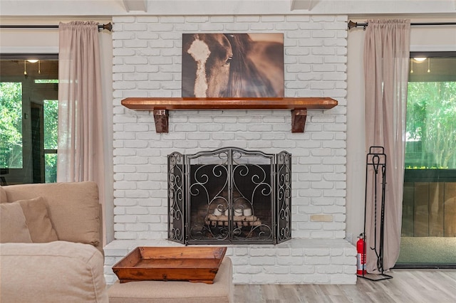 details featuring wood-type flooring and a brick fireplace