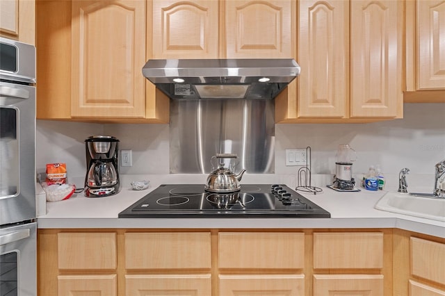 kitchen with black electric stovetop, light brown cabinets, and sink