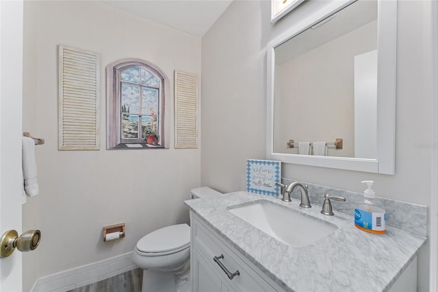 bathroom featuring hardwood / wood-style floors, vanity, and toilet