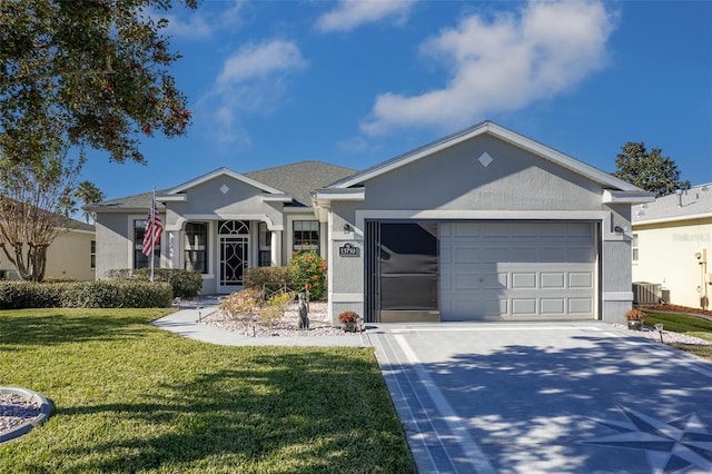 single story home with central AC, a front lawn, and a garage