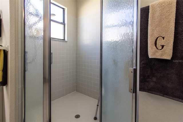 bathroom with a shower with shower door