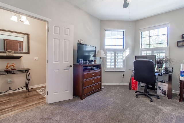 office featuring wood-type flooring and ceiling fan