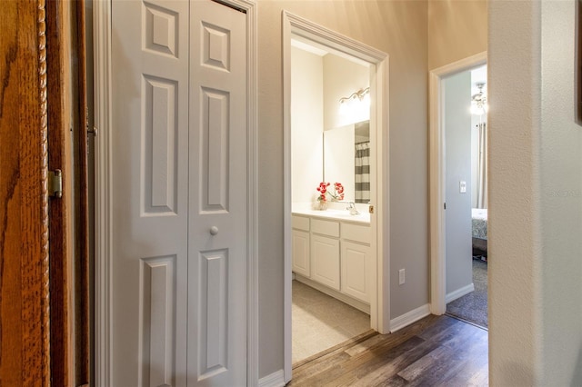 hall featuring hardwood / wood-style flooring and sink