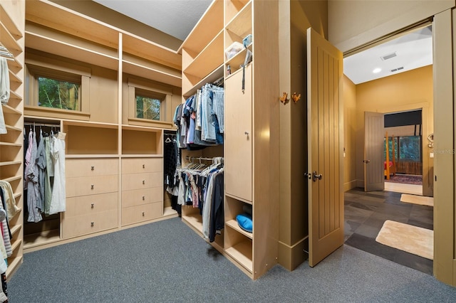 walk in closet featuring dark carpet