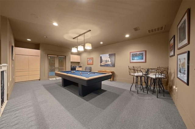 game room featuring light colored carpet and pool table