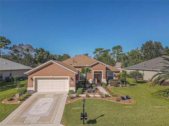 ranch-style house with a front yard and a garage