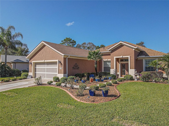 ranch-style house with a front lawn and a garage