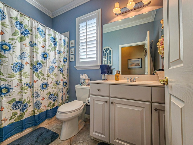 bathroom featuring a shower with curtain, tile patterned flooring, crown molding, toilet, and vanity