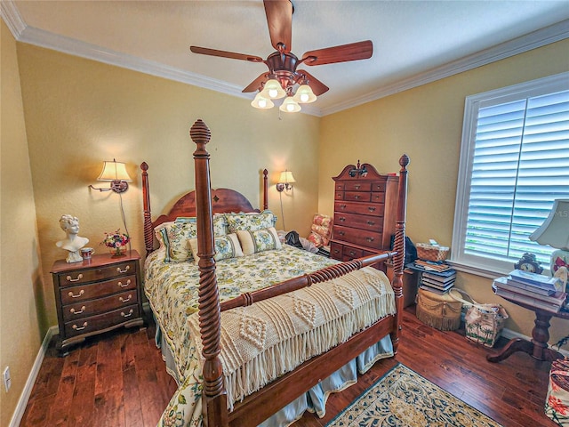 bedroom with ceiling fan, dark hardwood / wood-style flooring, and crown molding