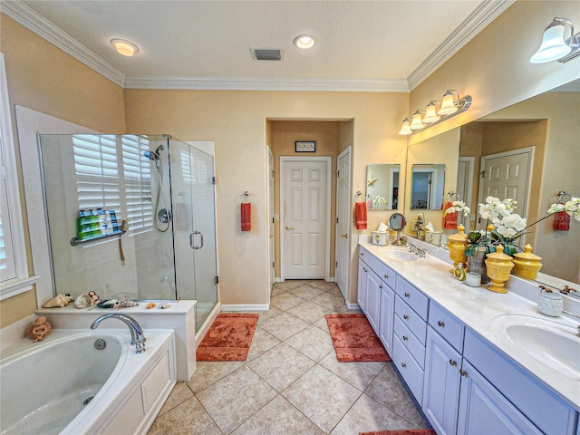 bathroom featuring tile patterned floors, vanity, crown molding, and plus walk in shower