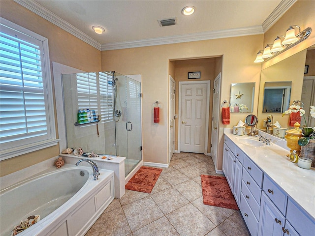 bathroom featuring tile patterned floors, vanity, ornamental molding, and plus walk in shower