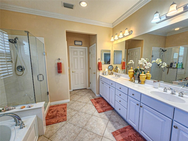 bathroom with tile patterned flooring, vanity, shower with separate bathtub, and ornamental molding