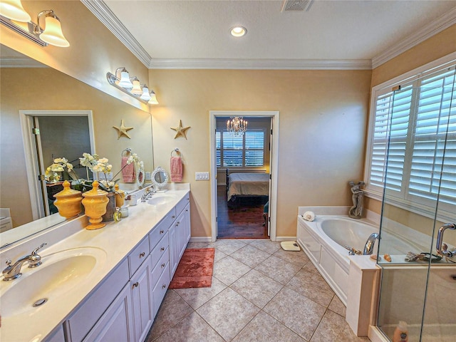 bathroom featuring vanity, crown molding, tile patterned flooring, independent shower and bath, and a chandelier