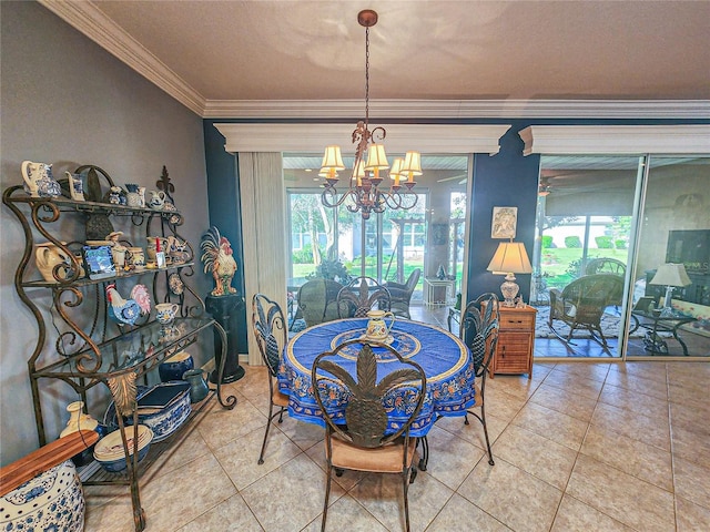 dining space featuring tile patterned flooring, an inviting chandelier, and crown molding