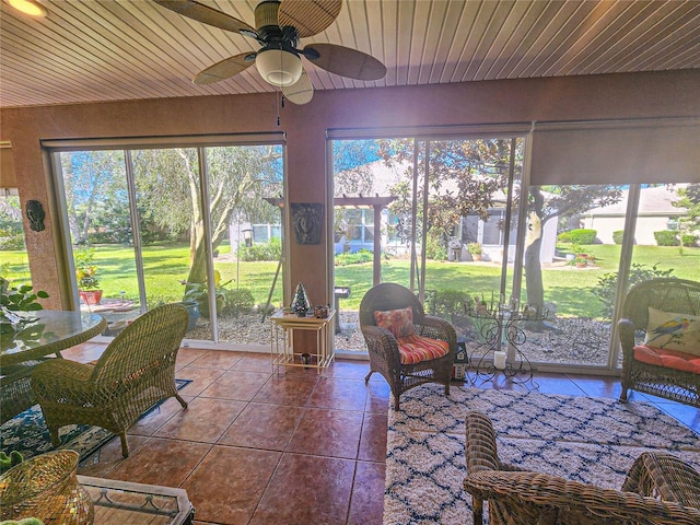 sunroom with ceiling fan and wood ceiling