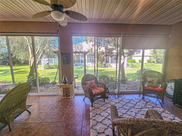 sunroom / solarium with ceiling fan and wood ceiling